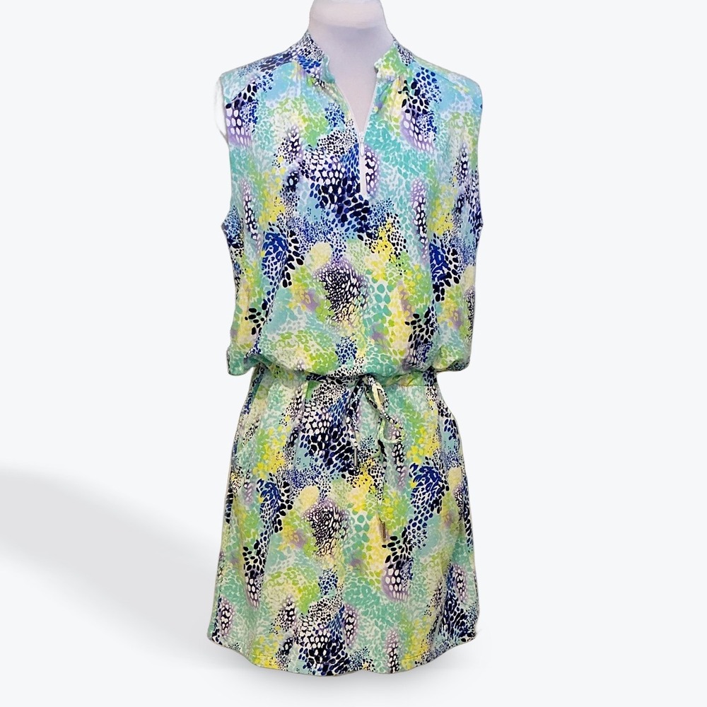 IBKÜL Womens Sleeveless‎ Golf Dress Blue Green Abstract Animal Print UPF 50+ Zip